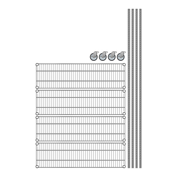 A Regency chrome wire shelving unit with wheels.