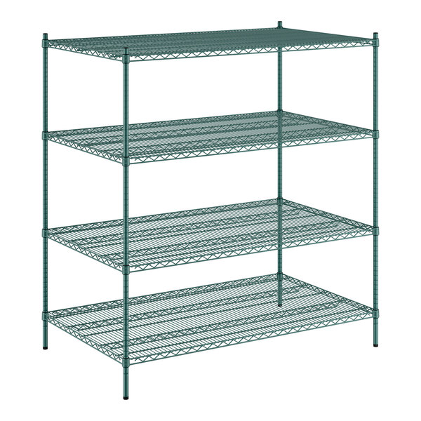 A green metal Regency wire shelving unit with four shelves.