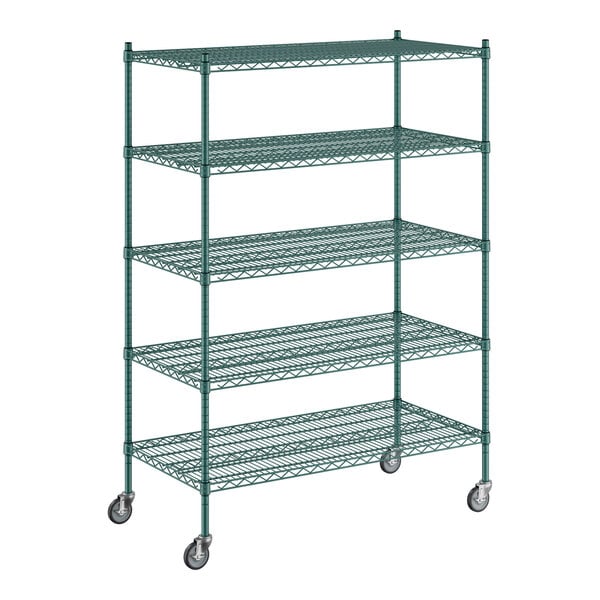 A green metal wire shelving unit with four shelves.