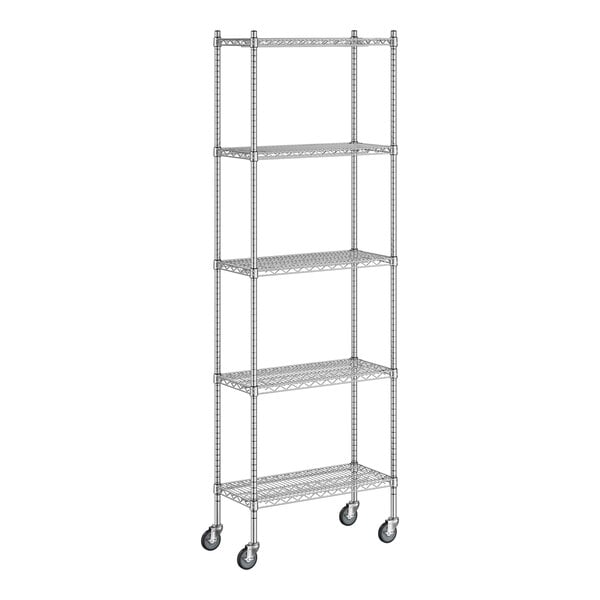 A Regency chrome wire shelving unit with wheels.