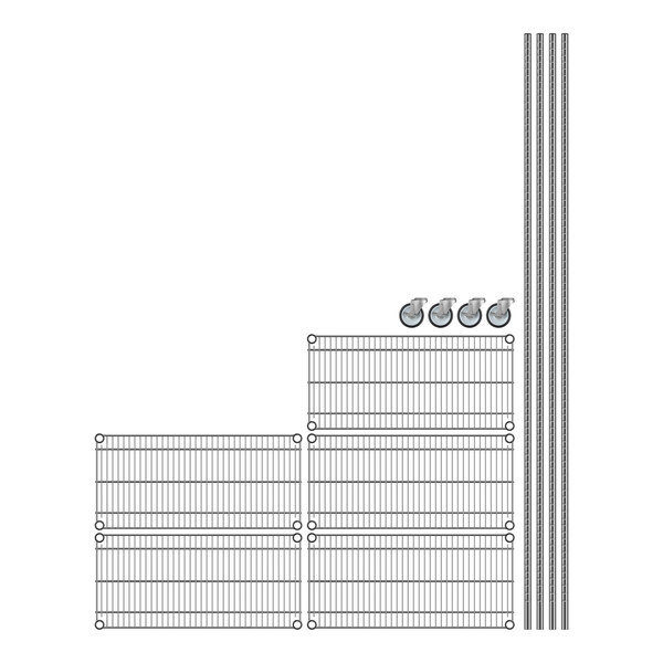 Regency chrome wire shelving with five metal shelves on wheels.