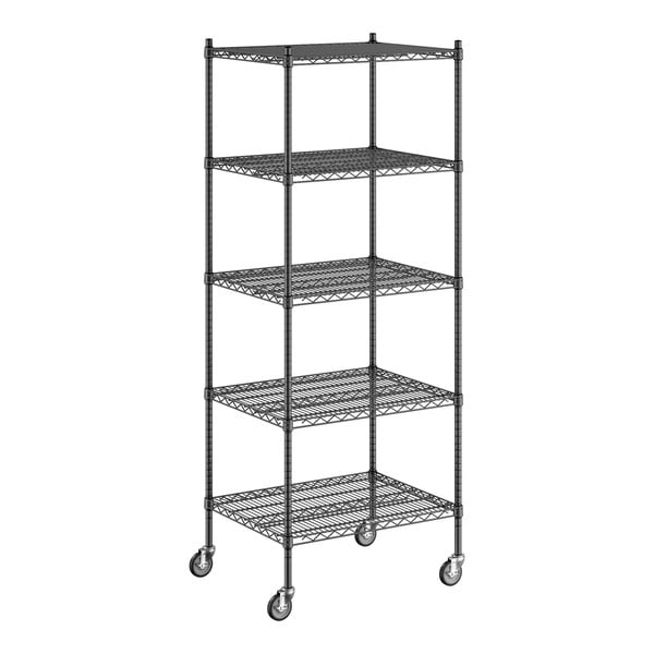 A Regency black wire shelving unit with five shelves and wheels.