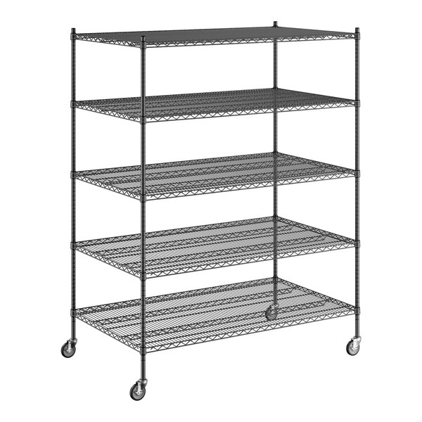 A Regency black wire shelving starter kit with wheels and 5 shelves.