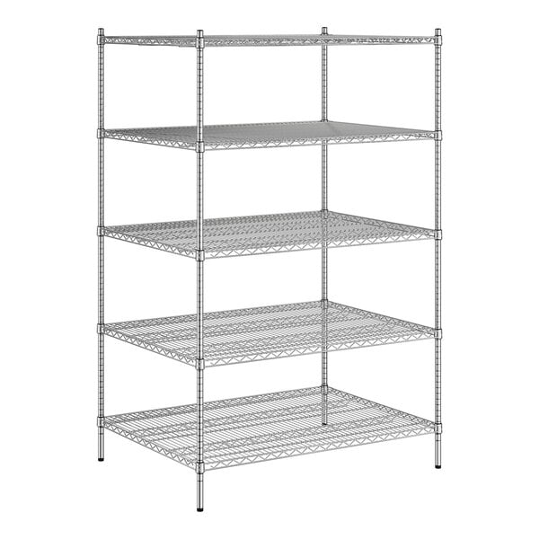 A wireframe of a Regency chrome stationary wire shelving unit with four shelves.