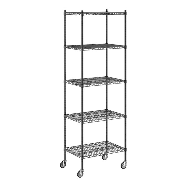 A Regency black wire shelving unit with wheels.