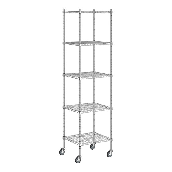 A Regency chrome mobile wire shelving unit with wheels.