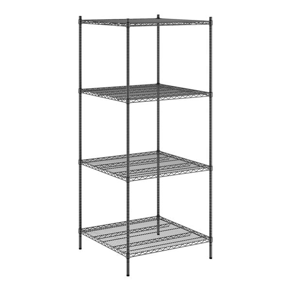 A Regency black wire shelving unit with four shelves.