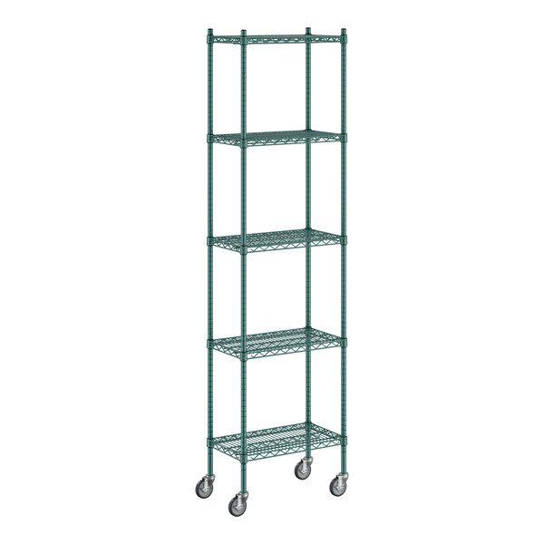 A Regency green wire shelving unit with wheels.