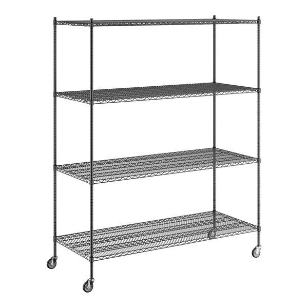 A Regency black wire shelving unit with wheels.