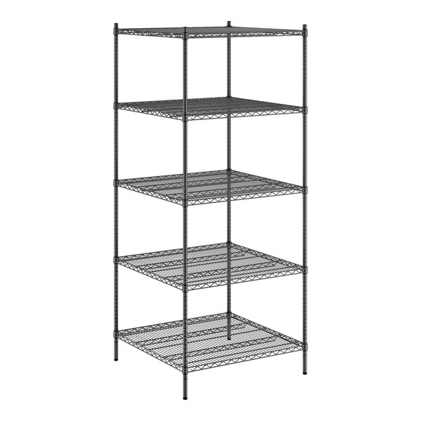 A Regency black wire shelving unit with five shelves.