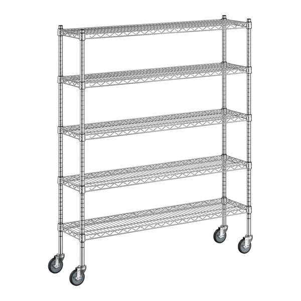 A Regency chrome wire shelving unit with wheels.