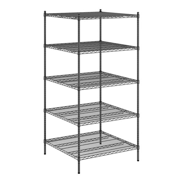 A Regency black wire shelving unit with 5 shelves.