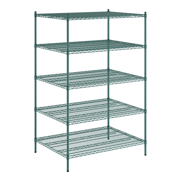 A green Regency wire shelving unit with five shelves.