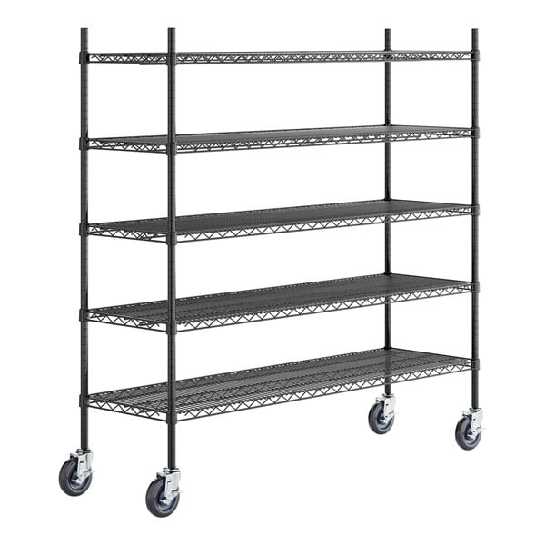 A Regency black metal wire shelving unit with wheels.