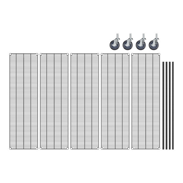 A Regency black metal wire shelving unit with casters and shelves.