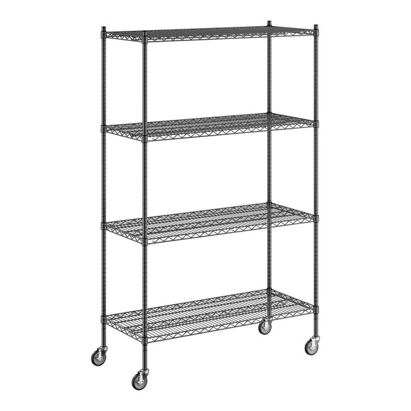 A Regency black wire shelving unit with wheels.