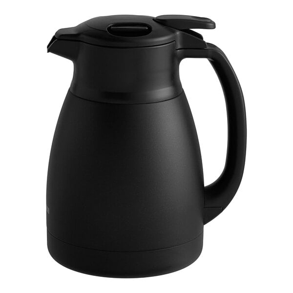 A Zojirushi matte black stainless steel coffee carafe with a lid and handle.