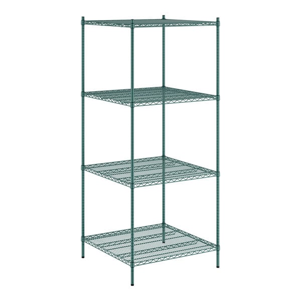 A green wire shelving unit with four shelves.