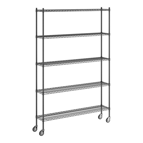 A Regency black metal wire shelving unit on wheels.