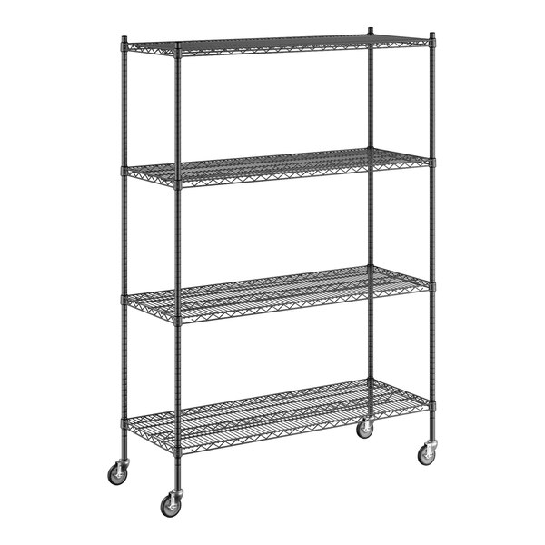 A Regency black wire shelving starter kit on wheels with 4 shelves.