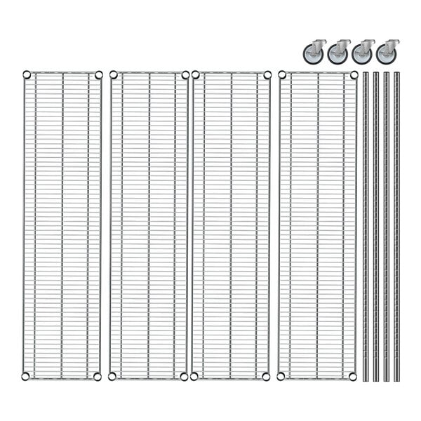 A Regency chrome mobile wire shelving unit with 4 shelves and wheels.