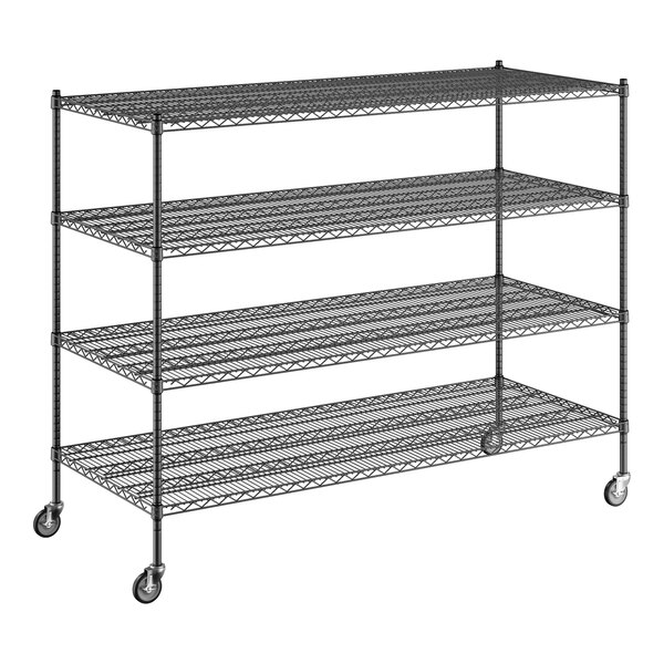 A Regency black wire shelving unit with wheels.