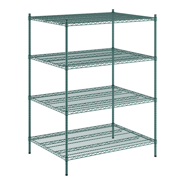 A Regency green wire shelving unit with 4 shelves.