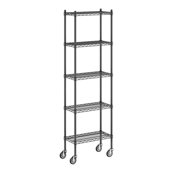 A Regency black wire shelving starter kit with wheels.