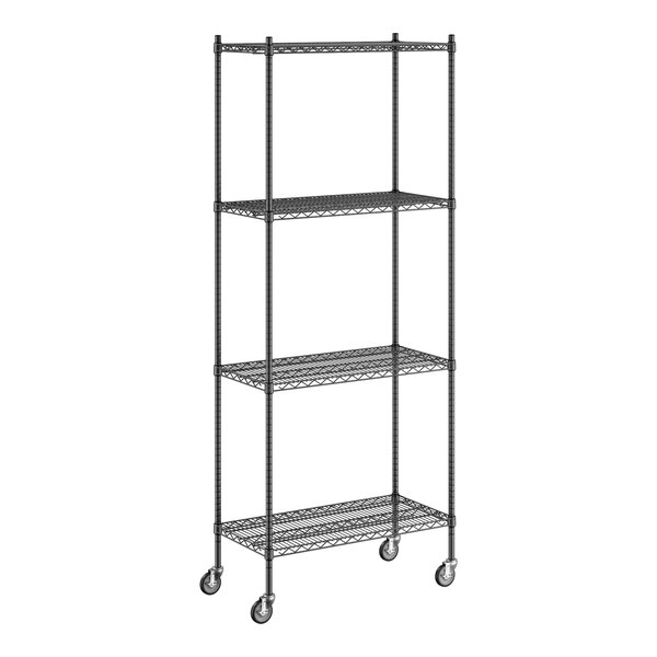 A Regency black wire shelving unit with wheels.