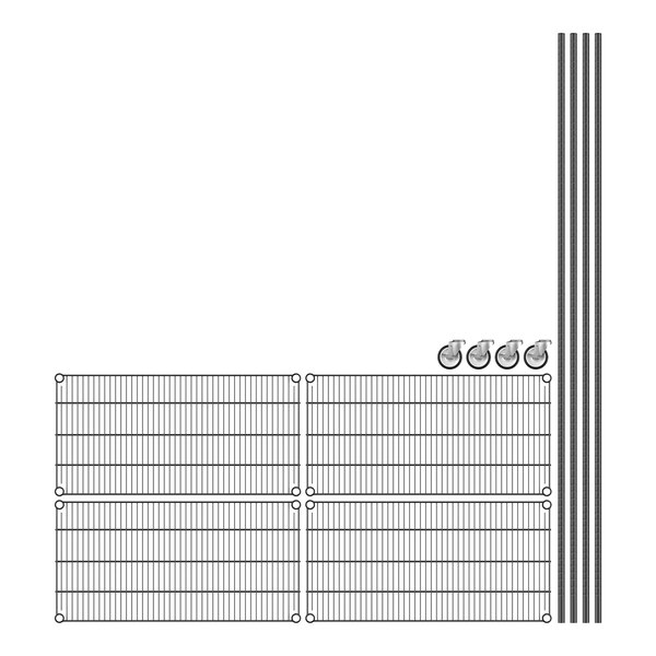 Regency black wire shelving with 4 shelves and metal rods forming a grid.