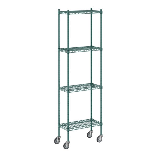 A green Regency wire shelving unit with wheels.