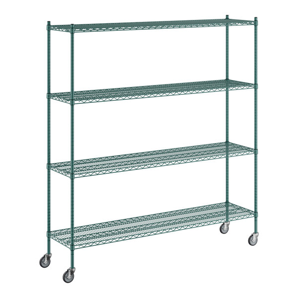 A Regency green metal wire shelving unit with wheels.