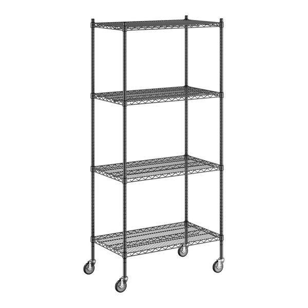 A Regency black wire shelving unit with wheels.