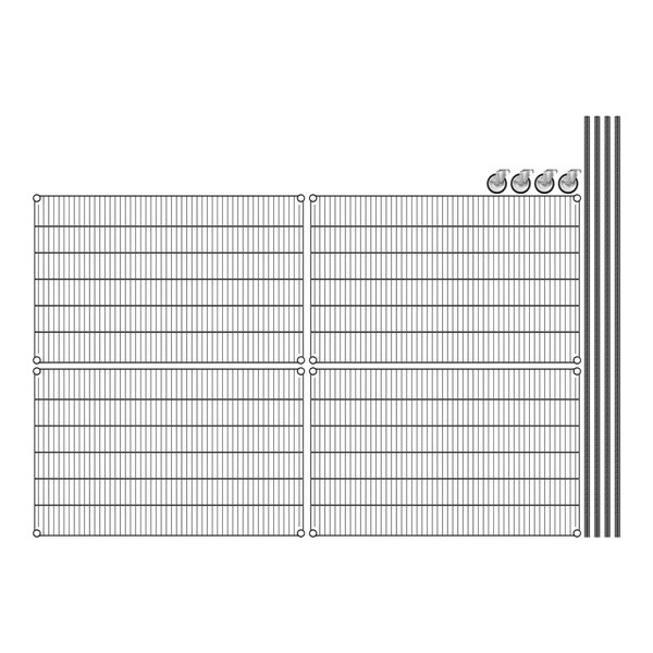 A grid of black wire shelves on a white background.