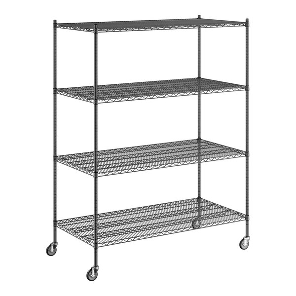 A black Regency wire shelving unit with wheels.