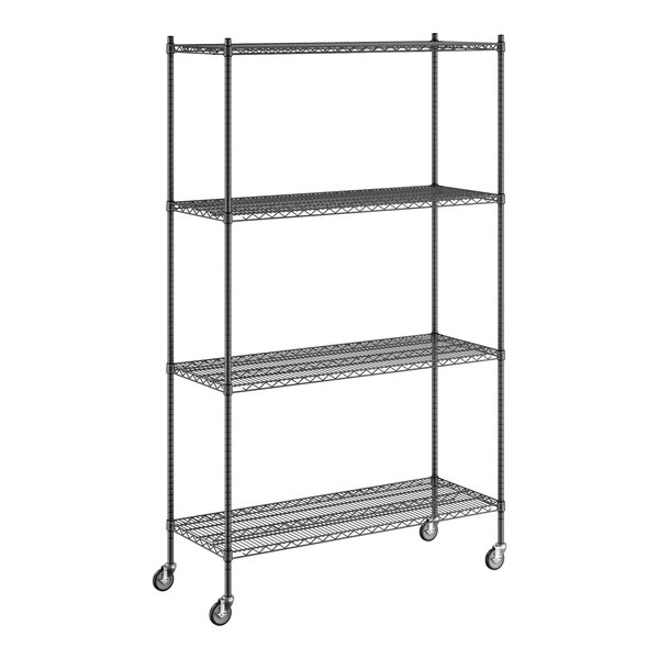 A Regency black wire shelving unit with wheels.