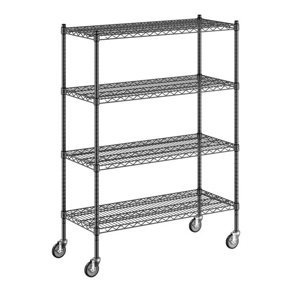 A black wire Regency shelving unit with wheels.