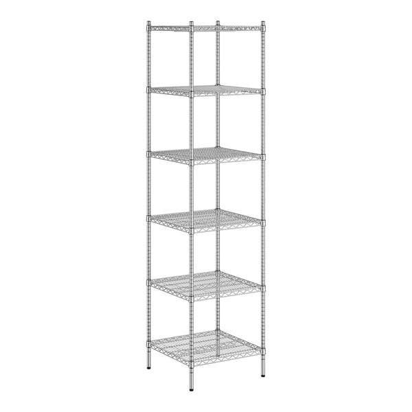 A wireframe of a Regency chrome stationary wire shelving unit with six shelves.