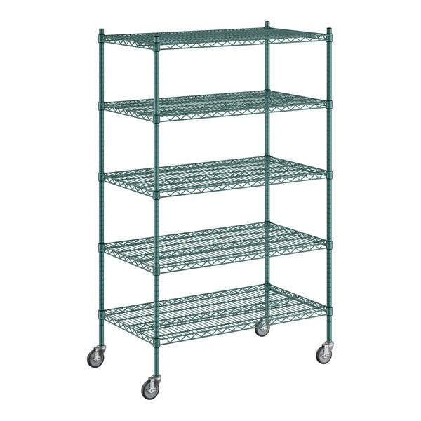 A green wire shelving unit with five shelves.