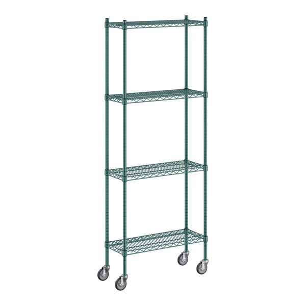 A Regency green wire shelving unit with wheels.