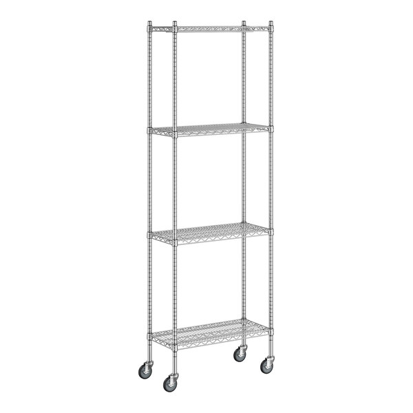 A Regency chrome wire shelving unit with wheels.