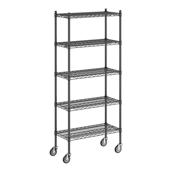 A Regency black wire shelving unit with wheels.