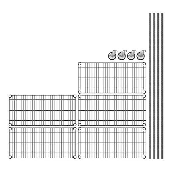 A Regency black wire shelving unit with wheels and 5 shelves.