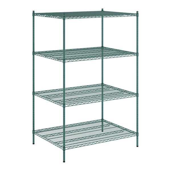 A green metal wire shelving unit with four shelves.