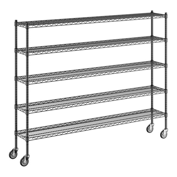 A black metal Regency wire shelving unit with wheels.