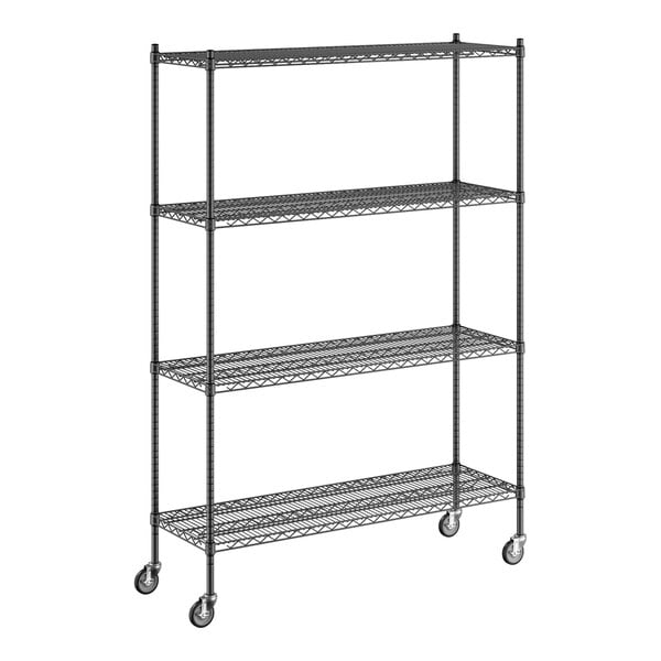 A Regency black wire shelving unit on wheels.