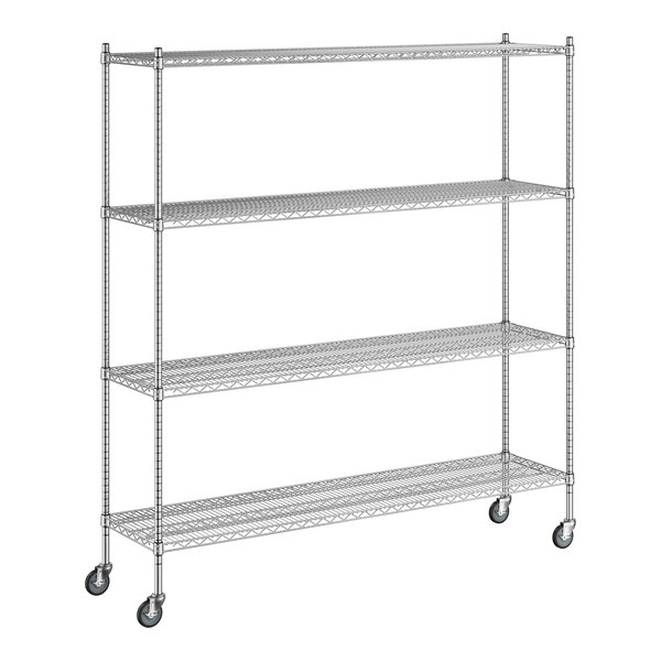 A Regency stainless steel wire shelving unit with wheels.