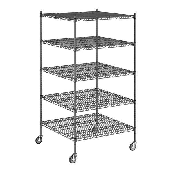 A Regency black wire shelving starter kit with wheels and five shelves.