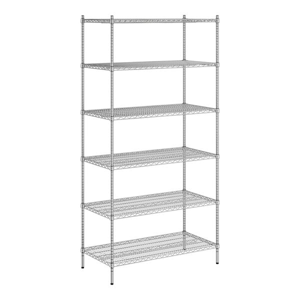 A Regency chrome wire shelving unit with six shelves.