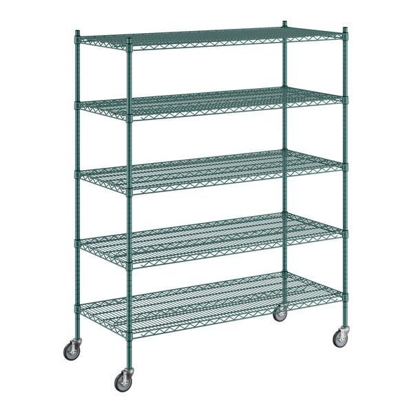 A Regency green wire shelving unit with five shelves.